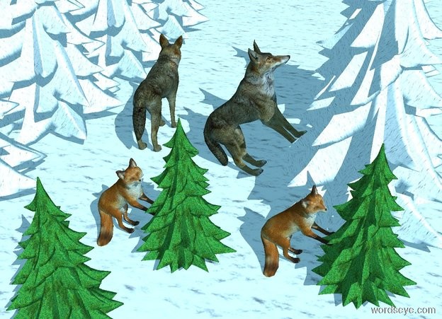 Input text: A wolf is on the [snow] ground. 2 [snow] fir trees are 4 feet to the left of the wolf. The sky is [snowfall]. Ambient light is sky blue. Sun's azimuth is -45 degrees. Camera light is black. 5 [snow] fir trees are 1 feet to the right of the wolf. 2nd wolf is -1 foot behind the wolf and .5 feet west of him. He leans 45 degrees to the back. He faces west. He is -.6 feet above the ground. A fox is 3 foot north of him and -2 feet west of him. He faces west. He leans 45 degrees to the back. He is -.4 feet above the ground. A small fir tree is -1 feet west of him.  A small fir tree is 0 feet east of him. A fox is -1 feet east of it. He faces west. He leans 45 degrees to the back. A small fir tree is 1 feet north of him.