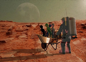 Planet backdrop. Silver wheelbarrow is -1 foot in front of a small astronaut. It is -0.2 inch above the ground. A small alien is -1 foot above the wheelbarrow. A small green alien is in front of the alien. It leans left. A small blue alien is in front of the alien. It leans right. A small black alien is in front of the alien. It leans front. Altitude of the sun is 32 degrees. Camera light is black. Sun is pink. An orange light is in front of and above and right of the alien. Sky is sunset. A scarlet light is right of the wheelbarrow. A dim orange light is behind and above the astronaut.