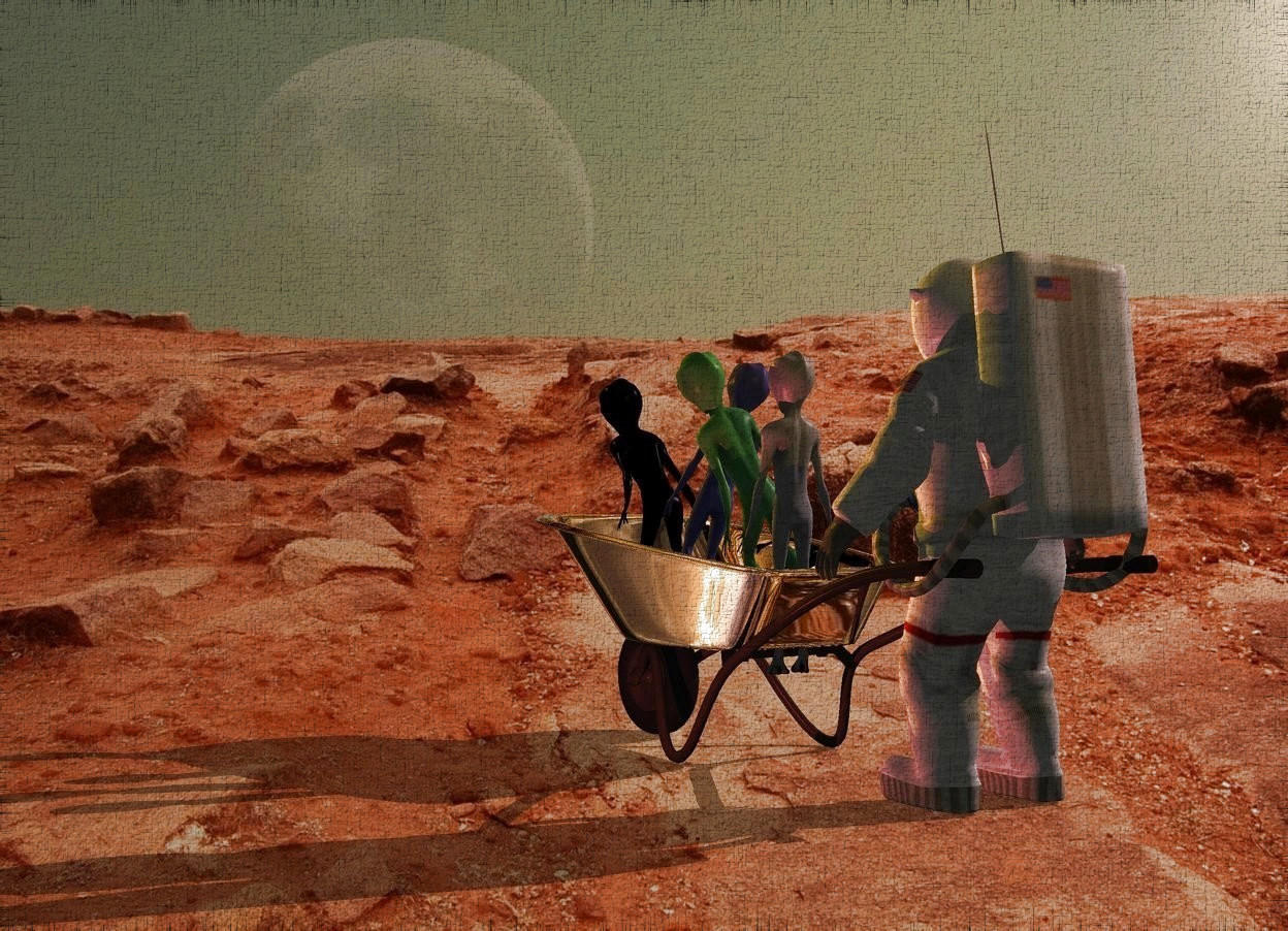 Input text: Planet backdrop. Silver wheelbarrow is -1 foot in front of a small astronaut. It is -0.2 inch above the ground. A small alien is -1 foot above the wheelbarrow. A small green alien is in front of the alien. It leans left. A small blue alien is in front of the alien. It leans right. A small black alien is in front of the alien. It leans front. Altitude of the sun is 32 degrees. Camera light is black. Sun is pink. An orange light is in front of and above and right of the alien. Sky is sunset. A scarlet light is right of the wheelbarrow. A dim orange light is behind and above the astronaut.