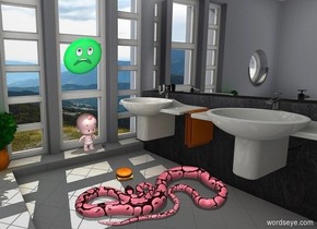 The baby is 4 feet in front of the snake.
The snake is pink.
The bathroom backdrop.
The baby is facing the snake.
The snake is on the ground.
The cheeseburger is 3 inches in front of the snake.
The cartoon head is 2 feet above the baby.
The cartoon head is peppermint green.
The cheeseburger is 10 inches wide.
The cartoon head is leaning backward. The camera-light is above the snake and it is noon. The baby is 2 feet tall. 