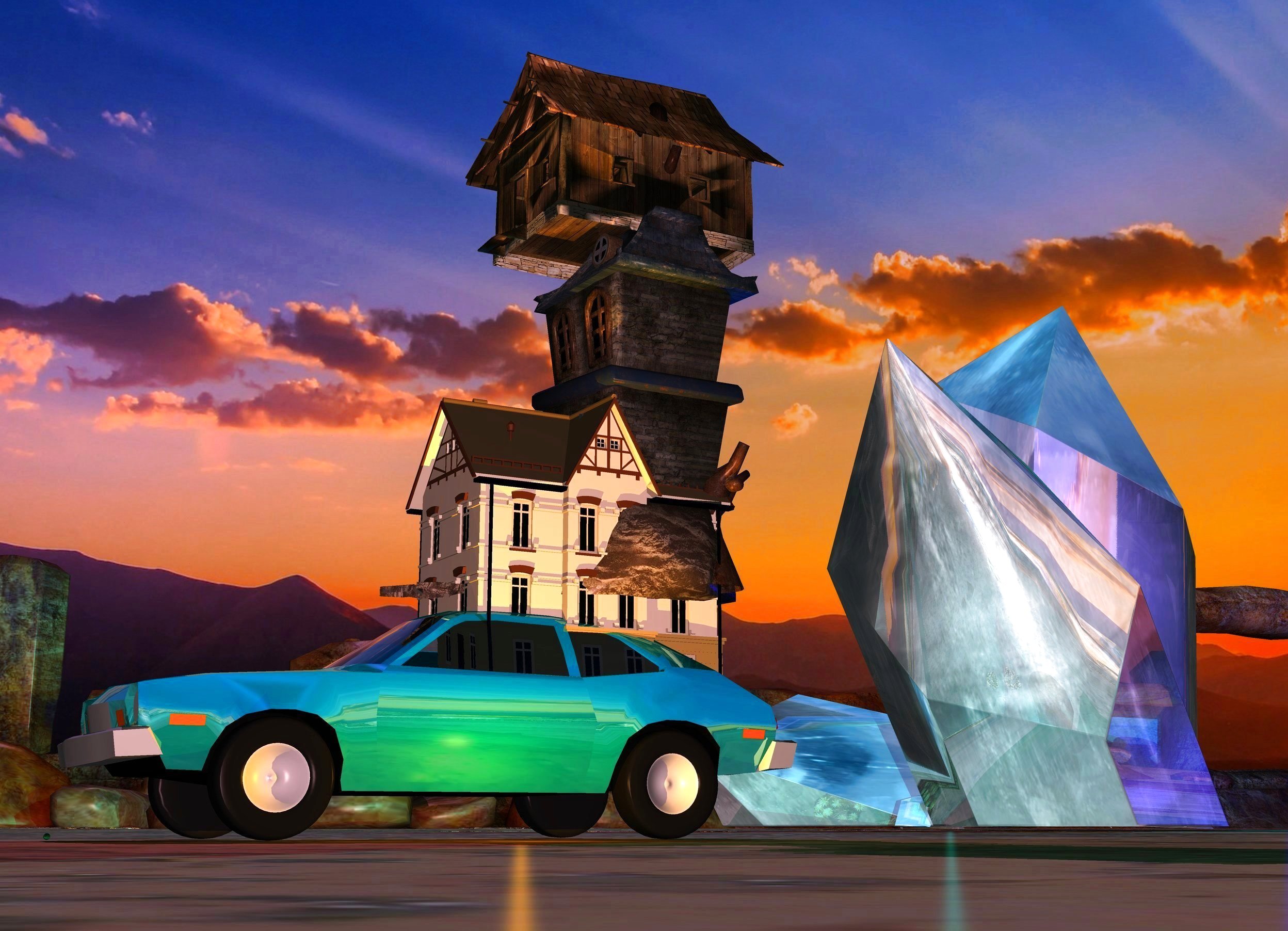 Input text: There is a shiny teal car. there is a marble 1 inch in front of the car. There is a 1st 6 foot tall house. the 1st house is 6 feet behind the marble. the 1st house is 2 feet above the ground. a 2nd 10 foot tall house is 5 feet behind the marble. the 2nd house is 4 feet above the ground. a 3rd house is 7 feet behind the marble. The 3rd house is 4 feet tall. The 3rd house is 11 feet above the ground. there is a shiny teal crystal. the crystal is 50 feet behind the car and 50 feet to the left of the car. the crystal is 50 feet tall.  a very large blue light is to the right of the crystal. A 1st very large teal light is above the crystal. a 2nd very large teal light is to the right and in front of the crystal. the sun is lavender. the camera light is pink. there is a large orange light to the right of the car.
