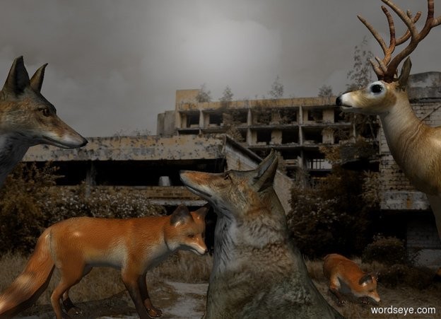 Input text: The 50% dark tan city backdrop.

The 2nd fox faces north. 1st fox is 2 feet east of him and 3 foot north of him. He faces west. He is 1 feet above the ground. 1st wolf is -1 feet east of him. He faces west. 2nd wolf is -.5 feet west of him. He leans 45 degrees to the back. He faces east. He is -1.5 feet above the ground.

A deer is -1 feet west of 2nd fox. He faces east.

Sun's azimuth is 0 degrees. Sun's altitude is 45 degrees. Camera light is black.