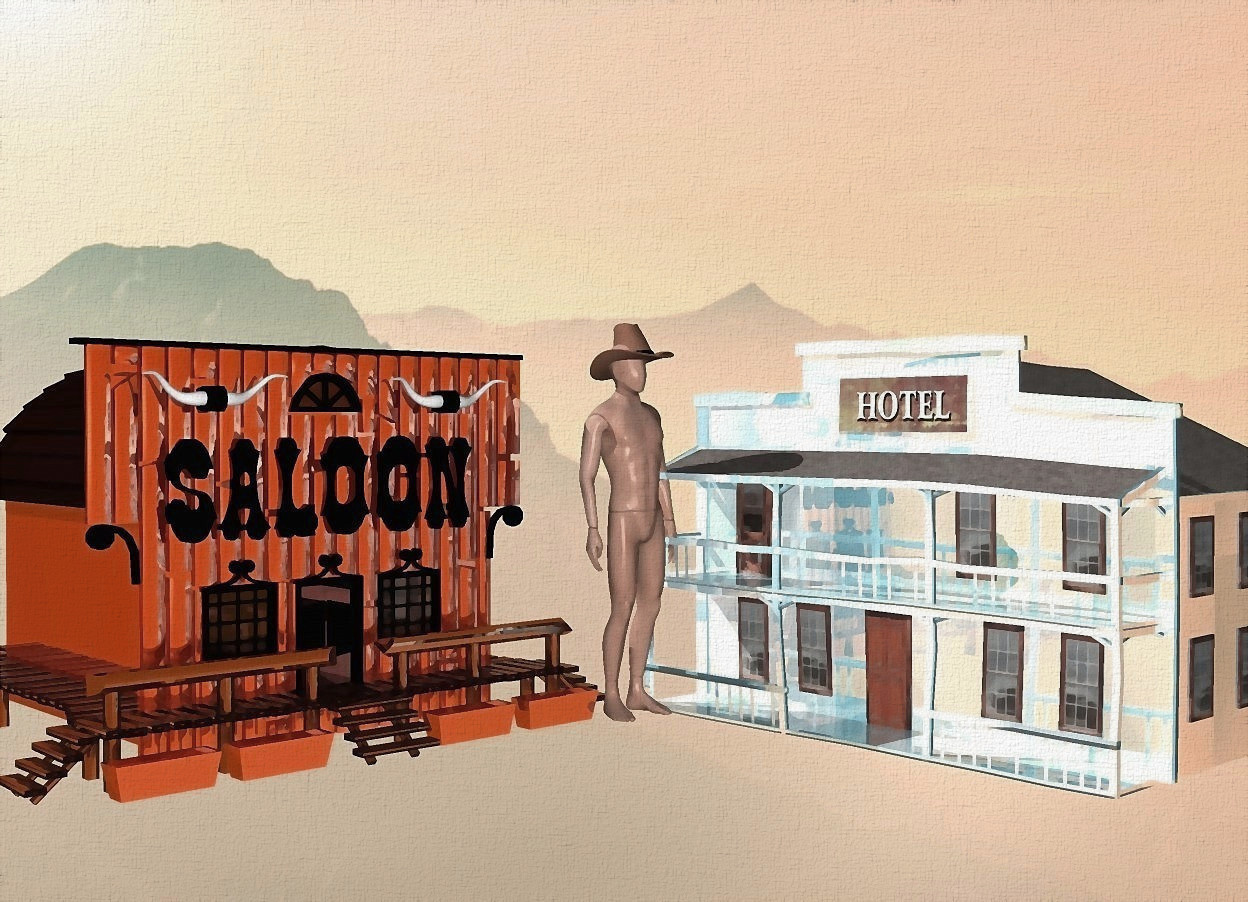 Input text: a shiny [dust] backdrop.sky is orange.a 100 inch tall  shiny hotel is facing southwest.the hotel is 200 inch wide [dust].a 100 inch tall shiny saloon is -5 inch left of the hotel.the saloon is facing southeast.a 100 inch tall tan mannequin is -200 inch right of the hotel.the mannequin is facing southeast.a 15 inch tall cowboy hat is -10 inch above the mannequin.the cowboy hat is facing southeast.