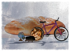 Bread leans 90 degrees to the front. It is in front of and -2 feet left of a shiny bicycle. The bicycle faces east. The bicycle is maroon. Bakery backdrop. Shadow plane. Azimuth of the sun is 18 degrees. Altitude of the sun is 24 degrees. Camera light is black. A light is in front of the bread. A hedgehog is 2 feet in front of and -1 foot left of the bread. It faces west. A glass is left of the hedgehog. Backdrop is 20% shiny. Sky leans 25 degrees to the front. Ambient light is grey. A 20% shiny globe is 1.2 foot left of and behind the bicycle.