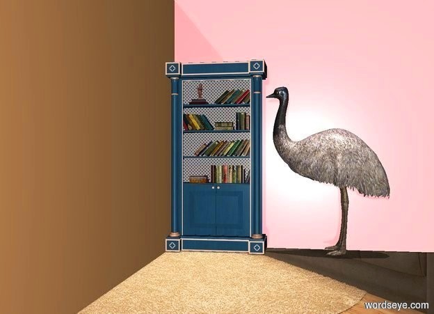 Input text: 1st dull pink wall is -.1 foot right of and -.1 foot behind 2nd 40% linen wall. 2nd wall faces right. a 3 foot wide bookcase is -3.1 feet left of and in front of the 1st wall. a dull emu is right of the bookcase. it faces left. it is noon. backdrop is dull. camera light is linen. sun is linen. sky is linen.