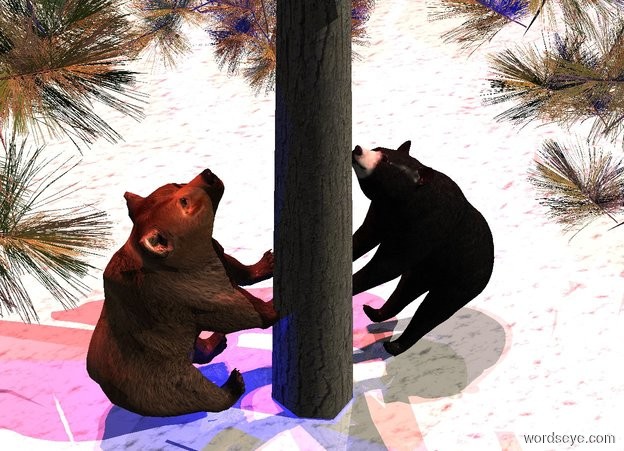 Input text: Night backdrop is 80% dark. 2 scarlet lights are 2 feet in front of and 14 feet above 2 blue lights. A small 20% shiny tree is left of the lights. The tree is on a shiny [snow] field. It faces north. Camera light is black. A small bear is -11 feet right of the tree.  A small bear is -.75 foot left of him. The bears face the tree. They lean 60 degrees to the back. Sun is cream. Azimuth of the sun is 300 degrees. 