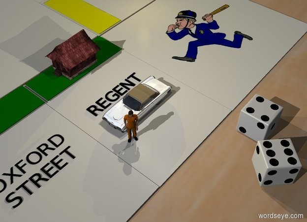 Input text: A small policeman is on a 5 feet deep and 5 feet long square. He leans 90 degrees to the back. He faces southwest. The square is on a humongous table. A 5 feet deep and 3 feet long square is left of the square. A 5 feet deep and 3 feet long square is left of the square. A 3 feet deep and 5 feet long square is 3 feet right of and behind the square. A 3 feet deep and 5 feet long square is behind the square. A 6 feet deep and 6 feet long square is left of and -6 feet behind the square. A 1 foot long and 2.8 feet deep yellow square is 1 inch right of and -6 feet behind the square. A 1 foot deep and 2.9 feet long green square is 1 inch in front of and 1 inch left of the square. A 1 foot wide red house is on the square. It faces west. A 1 foot deep and 2.9 feet long green square is 1 inch left of the square. A tiny black "OXFORD" is 1 foot in front of and -1.3 inch above the square. It leans 90 degrees to the back. A tiny black "STREET" is 2 inch in front of "OXFORD". It leans 90 degrees to the back.  A tiny black "REGENT" is 1 foot right of "OXFORD". It leans 90 degrees to the back. A 2 feet long shiny car is 3 inch in front of "REGENT". It faces west. A 9 inch high die is 2 feet in front of and right of the car. It leans 90 degrees to the front. A 9 inch high die is left of and in front of the die. It faces northeast. It is upside down. Camera light is black.  A dim cream light is 2 feet above and 2 feet behind the die. A dim cream light is 1 foot above the car. A dim lemon light is 2 feet behind and 2 feet right of and above the car. Sun is grey. A 1 foot high man is in front of and -4 inch left of the car. He faces southwest.