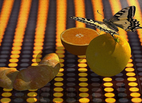 Infinity backdrop is 20% shiny. An orange is behind an 75% dark orange. It leans back. Shadow plane. Camera light is black. An orange light is left of the orange. An orange butterfly is -0.8 inch above the orange. Ambient light is grey. A croissant is 1 inch right of and -2 inch in front of the orange. A navy light is right of the croissant.