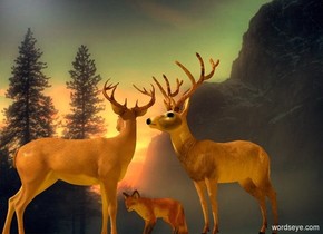 The  image  backdrop. [mountain] sky.  

A deer faces east. A deer is 0 feet east of him.  He faces west. A fox is -1.7 feet west of him. He faces west.

 Camera light is black. Ambient light is orange.