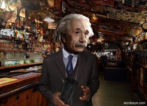 Einstein in a bar. A glass is -6 inch in front of and -1.2 foot left of and -2.5 feet above Einstein. It leans left. A light is in front of and -1.5 inch below the glass.