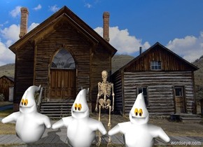 The [ghost town] backdrop. A skeleton faces south. An opaque white ghost is east of it. An opaque white ghost is west of it. An opaque white ghost is west of it.