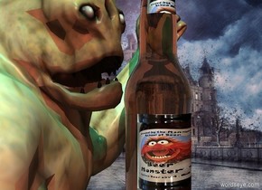 A bottle is -11 inch above and -6 inch right of a tiny monster. The label of the bottle is 2 inch high image-16172. Sun is pink. Backdrop is castle. A cyan light is left of and 2 feet above and in front of the monster. Azimuth of the sun is 220 degrees. Camera light is brown.