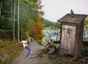 a small girl. she leans to the back. backdrop is trail. a small outhouse is 1 feet right of and 1 feet in front of and -2 feet above the girl. it faces left. it leans 4 degrees to the southwest. the girl faces front. camera light is lead gray. ambient light is pigeon gray. a tiny rock is -3.2 feet in front of and -1.2 feet left of the outhouse. a small pigeon is -.1 feet above the outhouse. it faces left. a small squirrel is -.2 inch above the rock. it faces the girl. a resin green light is 3 feet above the pigeon.