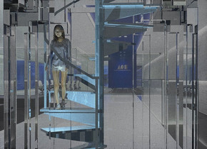 a 1000 inch tall and 900 inch wide and 700 inch deep clear white tower.sun is gray.sky is gray.a 1000 inch tall shiny igloo blue staircase is -1000 inch above the tower.backdrop is shiny.a 400 inch tall shiny woman is -660 inch above the staircase.the woman is -320 inch left of the tower.a igloo blue light is 60 inch in front of the woman.