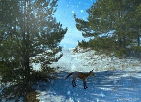 [christmas] backdrop.a fox faces south. a clear flat wall is 6 feet left of the fox.it is facing right.the wall is 50 feet long.the wall is 50 feet tall.the sky is [snow]. the backdrop is shiny. Ambient light is sky blue.
