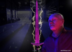 Warehouse backdrop is navy and 40% dark and shiny. A small sword is -2 feet above and in front of and -1.5 foot right of a man. It leans 30 degrees to the back. It faces southeast. Camera light is black. Sky is lightning. 9 navy lights are above and left of the man. 10 purple lights are right of the man. 2 dim lights are above and right of the man. A dim red light is left of the man. Azimuth of the sun is 20 degrees. The sun is silver.