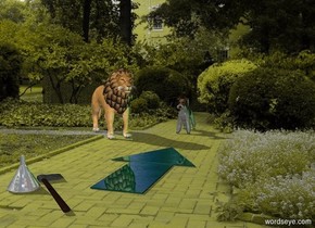 A shiny emerald green triangle is behind a shiny emerald green rectangle. The rectangle faces east. Yellow backdrop is brick. A small lion is behind and left of the triangle. It is on the ground. It faces southeast. A 1.2 foot high 50% dark terrier is -1 foot behind and 6 inch right of the lion. Sky is emerald green city. A green light is right of the dog. A small axe is -6 inch left of and -6 inch in front of the rectangle. It leans 90 degrees to the back. It faces southeast. A 7 inch high shiny grey hat is -5 inch left of the axe.