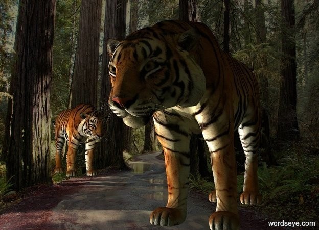 Input text: backdrop is dark forest. ground is invisible.tiger. sun is linen. it is evening. camera light is black. a linen light is 10 feet left of and 3 feet in front of the tiger. shadow plane is invisible. 2nd tiger is behind and 5 feet left of the tiger. it faces the tiger.