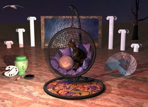 a swing. swing's cushion is wisteria violet. 2.5 foot tall cat is 2 foot in swing's cushion and -3 foot to right. cat faces southwest. 1.2 foot tall shiny [texture] sphere is -0.55 foot left of cat. sphere is 2.15 foot in swing's cushion. small first blug is 15 foot behind swing and 12 foot to left. blug is 6 foot in ground. tiny cube is 1 foot in front of blug and 1.5 foot to right. blug faces cube. small blurg is 17 foot behind swing and -2 foot to right. blurg is 6 foot in ground. tiny second cube is 1 foot in front of blurg and -2 foot to left. blurg faces cube. 4.5 foot wide circle is -5 foot in front of swing. circle is 5 foot wide 25% reflective [jij]. ground is 5% reflective 10 foot wide [texture]. sun is black. camera light is black. dawn rose light is 2 foot in front of swing and 3 foot above ground. light faces swing. lagoon turquoise light is 2 foot left of cat and -0.5 foot in front of cat. light faces swing. bordeaux wine mauve light is 3 foot behind swing and 3 foot above ground. light faces swing. 12 foot wide and 6.5 foot tall silver picture frame is 2.5 foot right of blug and 0.1 inch in ground. picture frame leans 5 degrees to front. picture frame faces swing. picture frame's frame is 0% reflective [texture]. dim hot pink light is in front of cat. light is 1 foot in cat. petrel is -1.5 foot in blug and -2 foot to front. pale petrel is 3.5 foot to right. petrel faces northeast. petrel leans 40 degrees to back. 13 foot tall flat black tree is 20 foot behind picture frame and 5 foot to right. tree faces back. shiny 2 foot tall lime green urn is -1 foot behind swing and 3 foot to left. 1.5 foot wide paint palette is -2 inch in front of urn and -10 inch to left. paint palette faces down. paint palette leans 32 degrees to back. paint palette's board is white. huge shiny baby blue shell is -0.5 foot right of swing and 2 foot behind swing. 1.4 foot wide shiny black compound object is -1 inch in front of urn and -2 inch to right. 