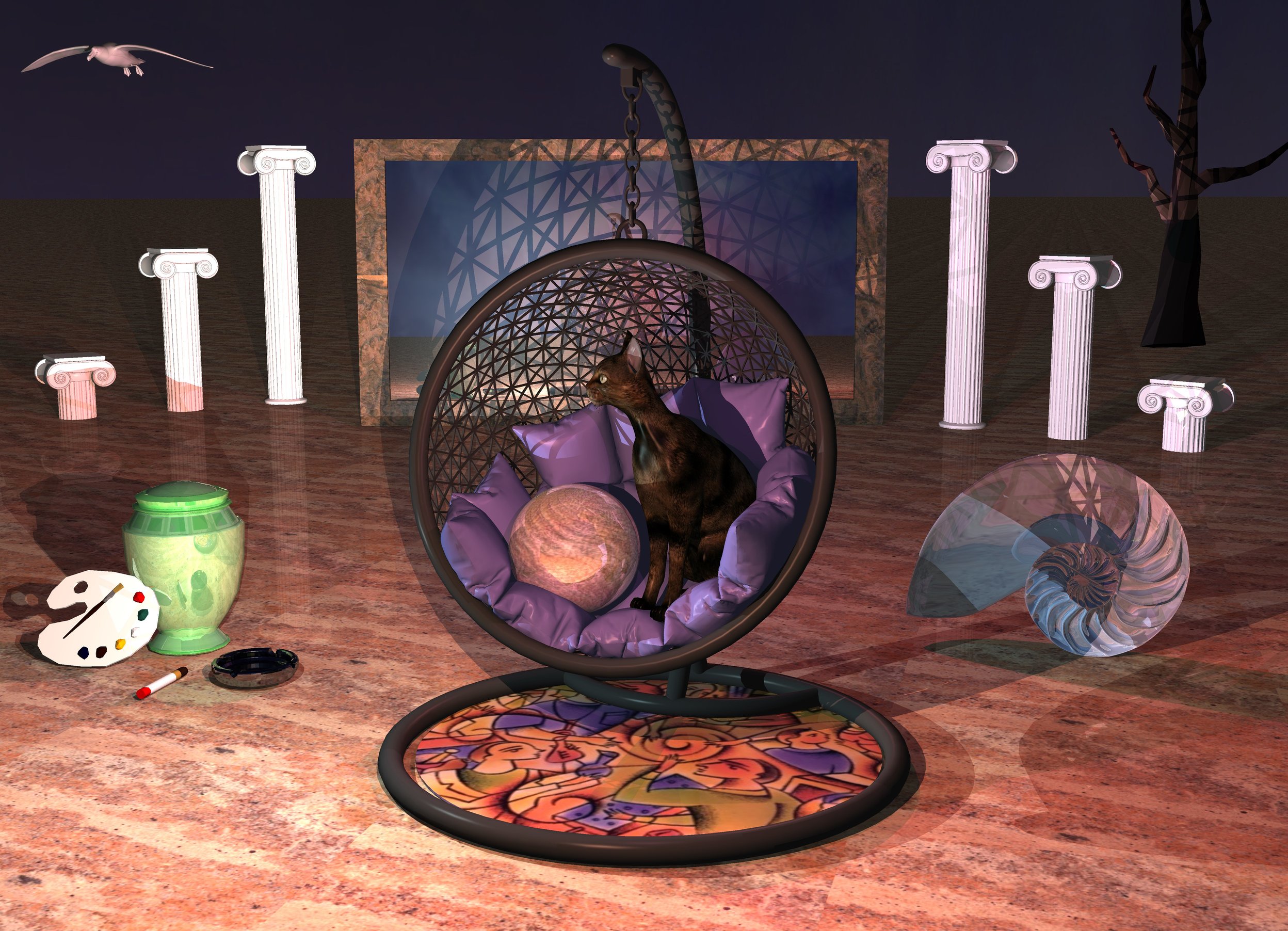 Input text: a swing. swing's cushion is wisteria violet. 2.5 foot tall cat is 2 foot in swing's cushion and -3 foot to right. cat faces southwest. 1.2 foot tall shiny [texture] sphere is -0.55 foot left of cat. sphere is 2.15 foot in swing's cushion. small first blug is 15 foot behind swing and 12 foot to left. blug is 6 foot in ground. tiny cube is 1 foot in front of blug and 1.5 foot to right. blug faces cube. small blurg is 17 foot behind swing and -2 foot to right. blurg is 6 foot in ground. tiny second cube is 1 foot in front of blurg and -2 foot to left. blurg faces cube. 4.5 foot wide circle is -5 foot in front of swing. circle is 5 foot wide 25% reflective [jij]. ground is 5% reflective 10 foot wide [texture]. sun is black. camera light is black. dawn rose light is 2 foot in front of swing and 3 foot above ground. light faces swing. lagoon turquoise light is 2 foot left of cat and -0.5 foot in front of cat. light faces swing. bordeaux wine mauve light is 3 foot behind swing and 3 foot above ground. light faces swing. 12 foot wide and 6.5 foot tall silver picture frame is 2.5 foot right of blug and 0.1 inch in ground. picture frame leans 5 degrees to front. picture frame faces swing. picture frame's frame is 0% reflective [texture]. dim hot pink light is in front of cat. light is 1 foot in cat. petrel is -1.5 foot in blug and -2 foot to front. pale petrel is 3.5 foot to right. petrel faces northeast. petrel leans 40 degrees to back. 13 foot tall flat black tree is 20 foot behind picture frame and 5 foot to right. tree faces back. shiny 2 foot tall lime green urn is -1 foot behind swing and 3 foot to left. 1.5 foot wide paint palette is -2 inch in front of urn and -10 inch to left. paint palette faces down. paint palette leans 32 degrees to back. paint palette's board is white. huge shiny baby blue shell is -0.5 foot right of swing and 2 foot behind swing. 1.4 foot wide shiny black compound object is -1 inch in front of urn and -2 inch to right. 