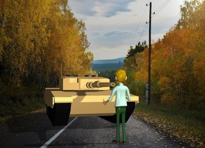 There is a tank in front of a small man. The tank faces the man.