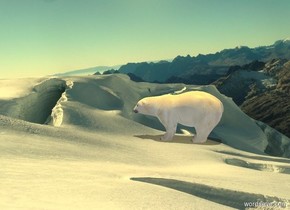 [mountain] backdrop. sun is orange. ambient light is white. Camera light is black. Sun's azimuth is 180 degrees. Sun's altitude is 90 degrees. A polar bear faces west.