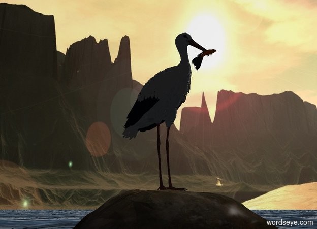 Input text: 2d ground is 40 feet wide water. A 70% dark stork is -0.5 inch above a rock. Camera light is black. Azimuth of the sun is 100 degrees. A fish is -10 inch above and -5 inch in front of the stork.