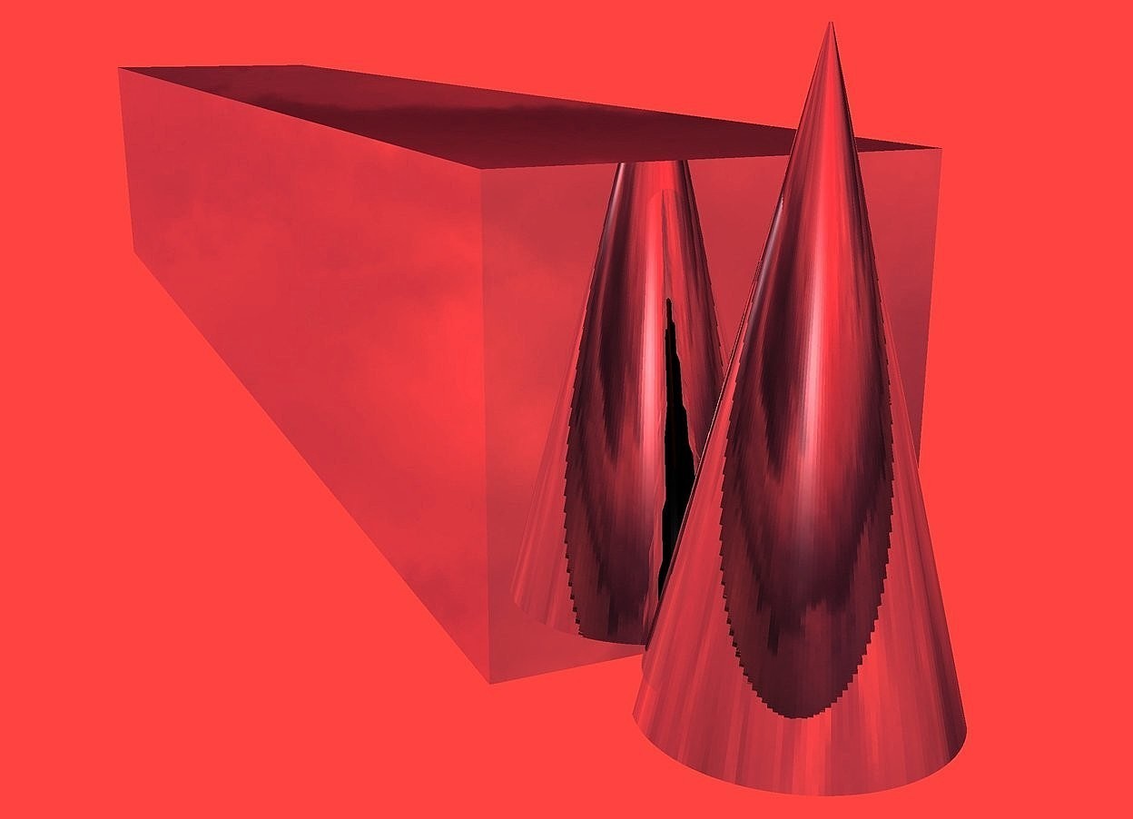 Input text: a 1st 200 inch tall and 100 inch deep and 100 inch wide silver cone.backdrop is linen.sky is 3000 feet tall.sun is red.a 1st 160 inch tall and 900 inch wide and 160 inch deep  silver cube.