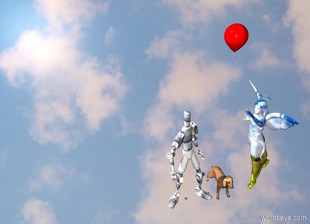 Input text: A [gold] angel is facing with a [skybox] robot.
A dog is next to angel.
There is a red balloon 5 feet above dog.
Backdrop is space.
Money is flying.