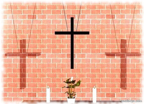 a 3 foot tall shiny black cross is 3 feet in front of and -6 feet above a big wall. camera light is black. it is night. a 1st small light is 12 feet in front of  and 4 feet above and 14 feet right of the cross. 2nd small light is 12 feet in front of  and 4 feet above and 14 feet left of the cross. a 2 foot tall and 1 foot deep and 6 foot wide stand is 2 feet beneath the cross. a 1.5 foot tall flower is on the stand. the flower's vase is white.  a 1st 6 foot tall and .01 foot wide and .01 foot deep black cube is -1 foot above and -.8 foot left of the cross. it leans 10 degrees to the right. a 2nd 6 foot tall and .01 foot wide and .01 foot deep black cube is -1 foot above and -.8 foot right of the cross. it leans 10 degrees to the left. a 1st 1 foot tall white candle is 1 foot right of the vase. a 2nd 1 foot tall white candle is 1 foot left of the vase.

ambient light is heather lilac.