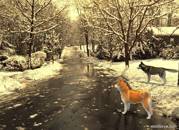Input text: sun is orange. ambient light is white. Camera light is black. Sun's azimuth is 180 degrees. Sun's altitude is 90 degrees. [winter] backdrop. sky is [marsh].


A dog is on the ground. She faces east. A dog is 6 feet north of her. He faces east. 