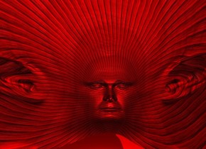 a 200 inch tall  and 200 inch wide and 1000 inch deep red  wood putin head.sky is red. a red light is -200 inch above the putin head.ground is red.
