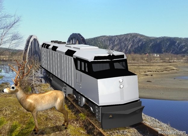 Input text: backdrop is railroad. The train is on the ground. The large deer is 4.5 feet west of it and  -8 feet south of it. He faces west. It is noon.