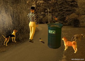 orange 50% dark  [pathway] backdrop. [night] sky. 
Sun's altitude is 20 degrees.
Sun's azimuth is 45 degrees.
Ambient light is orange. Camera light is black. Invisible shadow plane.

A dog faces south. A man is 1 foot west of him and 0 foot south of him. A trash can is 2 feet west of him. A beer bottle is .5 feet above the trash can. It leans 45 degrees to the northwest. A dog is 0 feet west of the trash can. He faces east. A pigeon is 3 feet east of him. He faces east. A raccoon is 3 feet south of him and 3 feet west of him. He faces southwest.