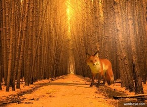 [alley] backdrop. [country road] sky. 
Sun's altitude is 20 degrees.
Sun's azimuth is 90 degrees.
Ambient light is orange. Camera light is black.

A fox is on the ground.