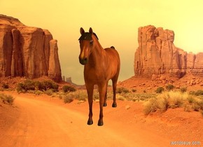 [dirt road] backdrop. [country road] sky. 
Sun's altitude is 20 degrees.
Sun's azimuth is 90 degrees.
Ambient light is orange. Camera light is black.

A horse is on the ground. Invisible shadow plane.