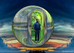 1st shiny wooden igloo is -.1 foot above 2nd shiny wooden igloo. 2nd igloo is upside down.  a person is -4 feet above and -1.5 feet in front of the 2nd igloo.  a teal light is behind the person. camera light is black. it is noon. backdrop is [sky]. a tiny linen light is above and in front of the person. sky.