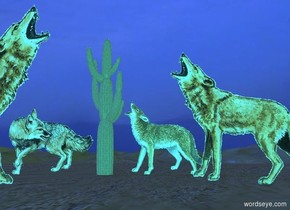 the ground is 15 feet tall and 1200 feet wide and 1200 feet long. A coyote is 0 feet east of a saguaro. A coyote is -2 feet east of him and 8 feet south of him. A coyote is 3 foot west of him and 4 foot south of him. He faces north.  the camera light is teal. the sun is blue. the ambient light is sky blue. the sky is [cloud].
A coyote is -.5 feet west of the saguaro.