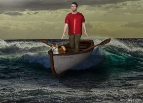 [wave] backdrop. A boat is on the ground. A dog in the boat. A man is 2 feet behind him and -2.5 feet above him.