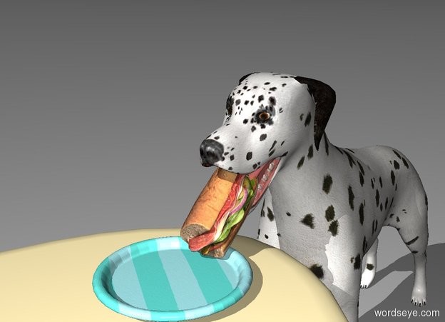 Input text: a dog faces left. a 2 foot tall table is -.5 feet left of the dog. a sandwich faces left. it leans 37 degrees to the front. the sandwich is on the table. it is -.5 feet left of the dog. a plate is -.3 foot left of the sandwich. 