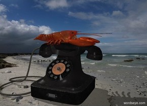 [Sand] backdrop. A lobster is on a telephone. It faces east. Camera light is grey.