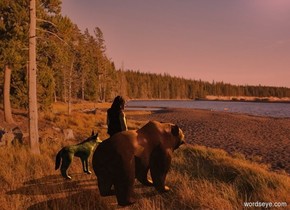 Lake backdrop. A man is right of a bear. Camera light is black. Azimuth of the sun is 200 degrees. Sun is peach. 4 lemon lights are 10 feet in front of and right of and 4 feet above the bear. A 75% dark wolf is 1 foot right of and -1 foot behind the man.