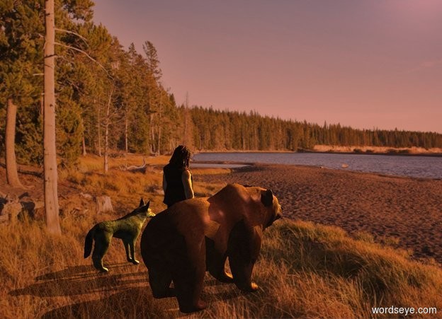Input text: Lake backdrop. A man is right of a bear. Camera light is black. Azimuth of the sun is 200 degrees. Sun is peach. 4 lemon lights are 10 feet in front of and right of and 4 feet above the bear. A 75% dark wolf is 1 foot right of and -1 foot behind the man.