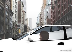 a white car. backdrop is city. a 3.5 foot tall baby is -4.3 feet above and -3.3 feet right of the car. a tiny light is in front of and -1 foot above the baby. sun is white. it is noon. the mirror of the car is white.