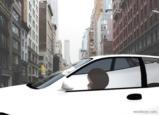 Input text: a white car. backdrop is city. a 3.5 foot tall baby is -4.3 feet above and -3.3 feet right of the car. a tiny light is in front of and -1 foot above the baby. sun is white. it is noon. the mirror of the car is white.