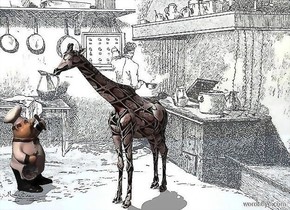 a giraffe is in a kitchen. it is 5 foot tall  [chocolate]. camera light is brown. a linen light is 10 feet in front of and above the giraffe. sun's altitude is 70 degrees. kitchen is shiny. sky. a big chef is 6 feet left of and -6 feet in front of the giraffe. the chef faces the giraffe.