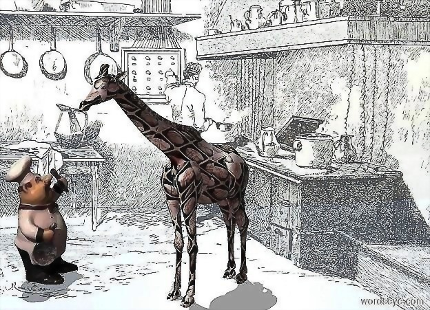 Input text: a giraffe is in a kitchen. it is 5 foot tall  [chocolate]. camera light is brown. a linen light is 10 feet in front of and above the giraffe. sun's altitude is 70 degrees. kitchen is shiny. sky. a big chef is 6 feet left of and -6 feet in front of the giraffe. the chef faces the giraffe.