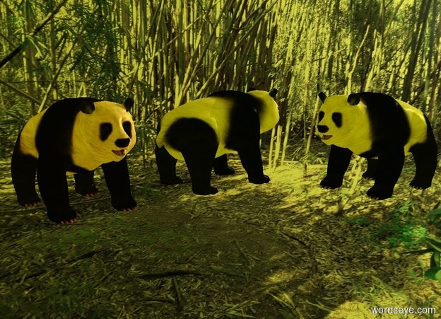 Input text: Sun's altitude is 20 degrees.
Sun's azimuth is 90 degrees.
Camera light is black. Ambient light is yellow. Invisible shadow plane.

70% dark [grassland] backdrop. [bird] sky.

A red panda is on the ground. A panda is 1 foot east of him. He faces east. A panda is -1.75 foot east of him and 1 foot south of him. He faces west.