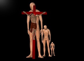  a 150 inch tall 1st mannequin.a 135 inch tall maroon crucifix is in front of the 1st mannequin.backdrop is black.a 2nd 100 inch tall mannequin is -100 inch in front of the 1st mannequin.the 2nd mannequin is -5 inch right of the 1st mannequin.a 3rd 50 inch tall mannequin is -80 inch in front of the 2nd mannequin.the 3rd mannequin is 2 inch right of the 2nd mannequin.
