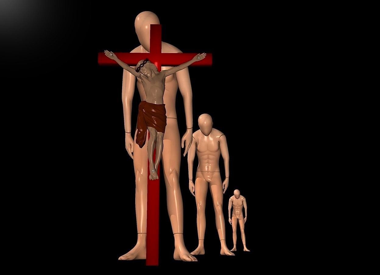 Input text:  a 150 inch tall 1st mannequin.a 135 inch tall maroon crucifix is in front of the 1st mannequin.backdrop is black.a 2nd 100 inch tall mannequin is -100 inch in front of the 1st mannequin.the 2nd mannequin is -5 inch right of the 1st mannequin.a 3rd 50 inch tall mannequin is -80 inch in front of the 2nd mannequin.the 3rd mannequin is 2 inch right of the 2nd mannequin.